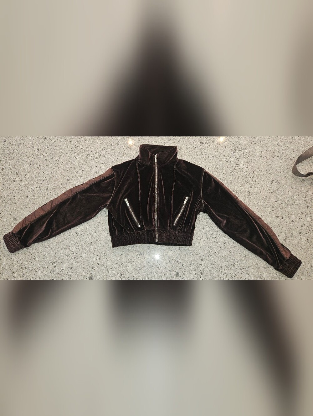 Maniere De Voir Chocolate Brown Velvet Cropped Bomber Jacket